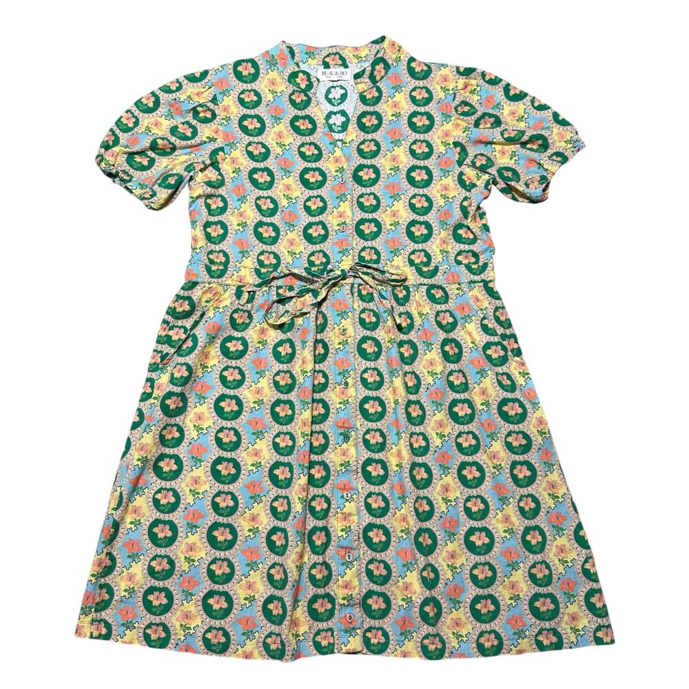 Beau & Ro Sara Rossi Green Floral Button Up Dress in Lace Sorbet Pattern, Large